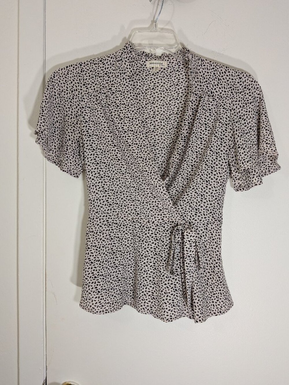 Monteau-Los Angeles S Faux Wrap Top with flutter sleeves and elastic waist